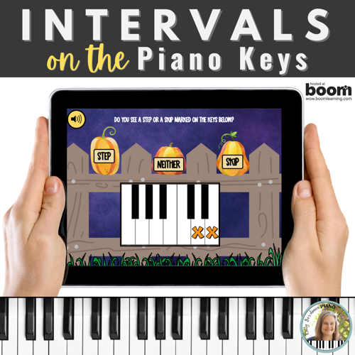 Steps and skips on piano keys Boom Cards with pumpkins