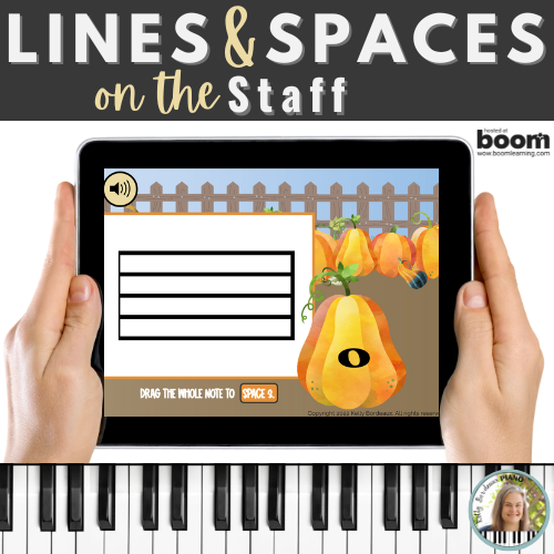 Lines and spaces on the staff Boom Cards with a pumpkin theme
