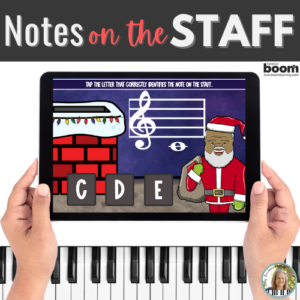 Note Names on the Staff Christmas BOOM™ Cards – Digital Flashcard Activity – Brown Skin Santa