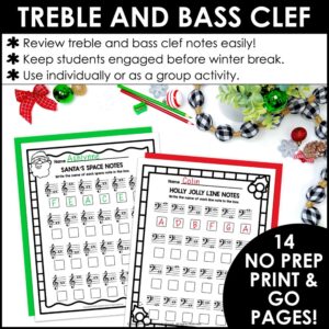 Christmas Music Worksheets  – Treble & Bass Clef Note Naming Theory Worksheets