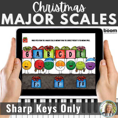 Christmas complete the major scale digital Boom Cards activity for piano students learning sharp key scales