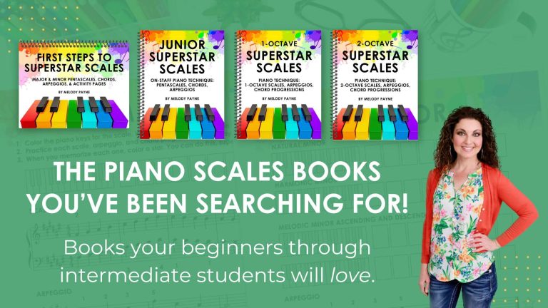 Teach piano lessons feeling more energized, more organized, and less stressed with Superstar Scales piano technique books!