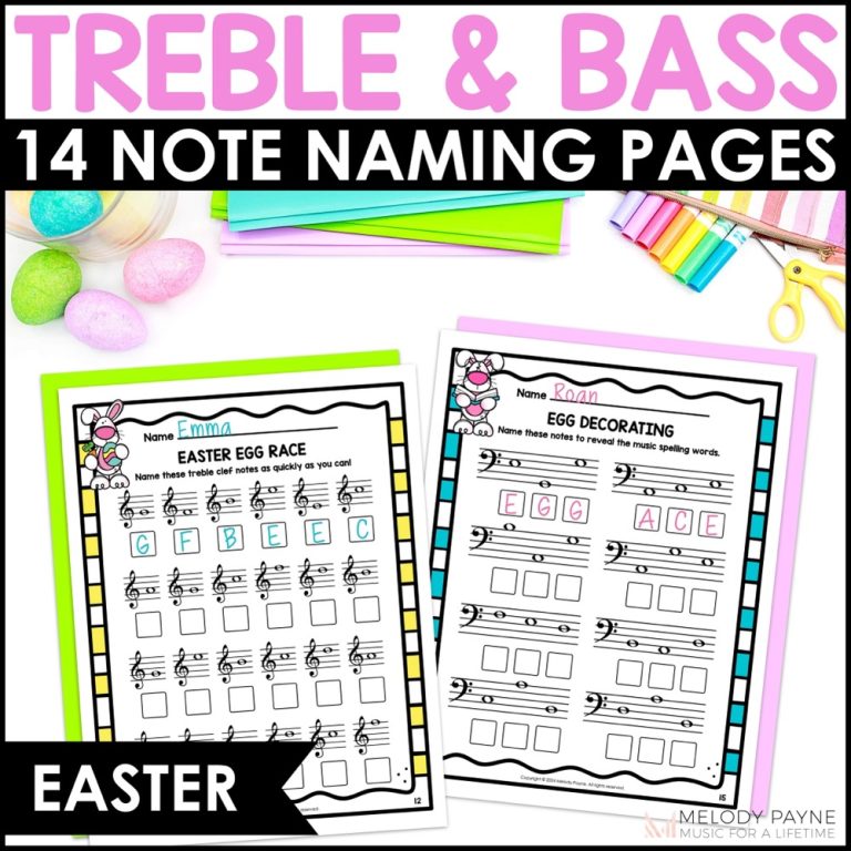 Easter Music Worksheets - Treble & Bass Clef Note Naming Theory Worksheets