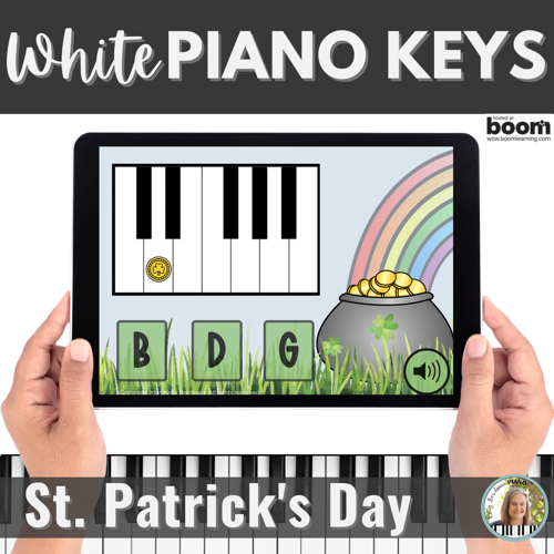 Music alphabet on white piano keys digital Boom Cards activity reviews white piano key names and music alphabet for St. Patrick's Day.