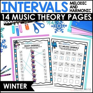 Winter Intervals Music Worksheets – Melodic & Harmonic 2nds – Octaves Activities