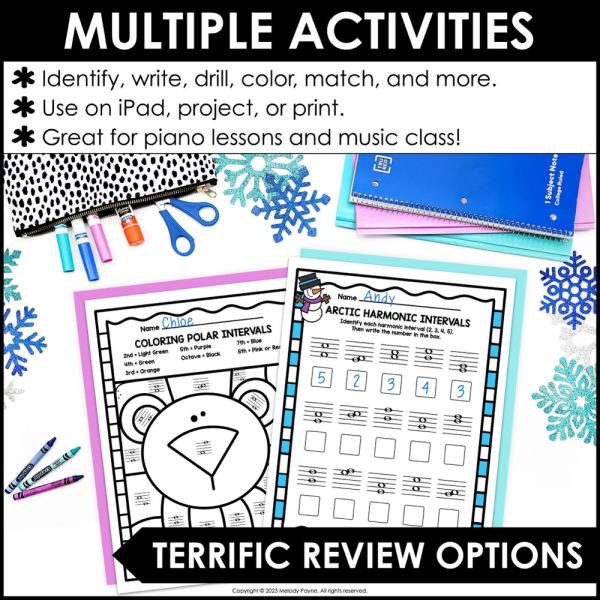 Winter Intervals Music Worksheets - Melodic & Harmonic 2nds - Octaves Activities