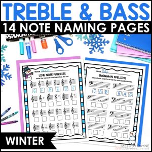 Winter Music Worksheets - Treble & Bass Clef Note Naming Theory Worksheets