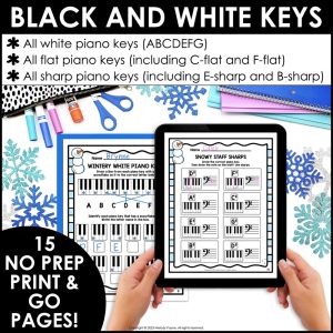 Winter Piano Keys Worksheets – White & Black Keys, Sharps & Flats, Music Staff