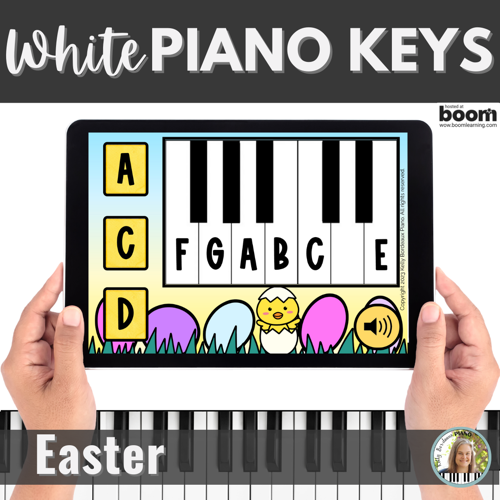 Easter white piano key names digital Boom Cards activity for beginning piano lessons