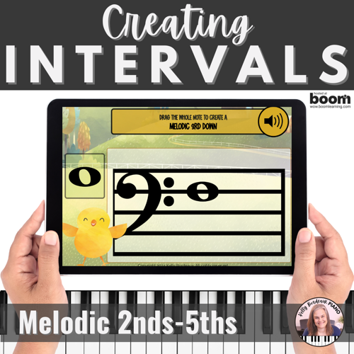 Creating melodic 2nds-5ths on the staff Boom Cards intervals activity reviews melodic 2nds, 3rds, 4ths and 5ths up and down the treble and bass staves.