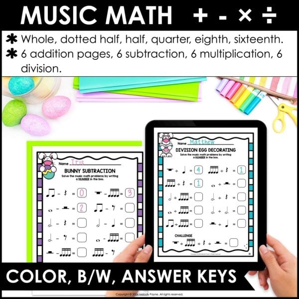 Easter Music Worksheets Bundle - Treble, Bass, Intervals, Music Math, Piano Keys