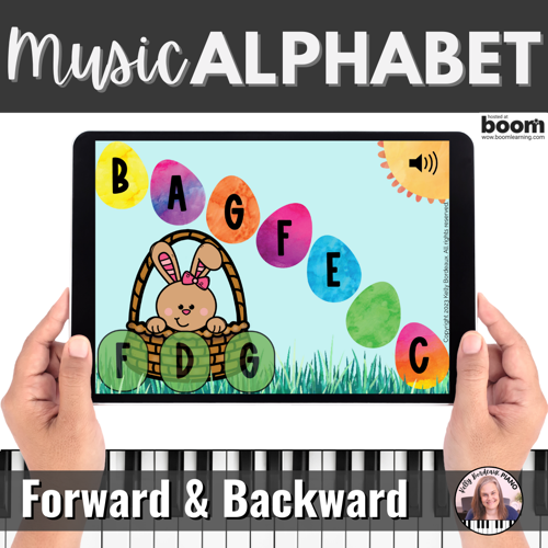 Music alphabet letters forward and backward digital Boom Cards activity helps students learn the music alphabet ascending and descending as if they were on a staff.