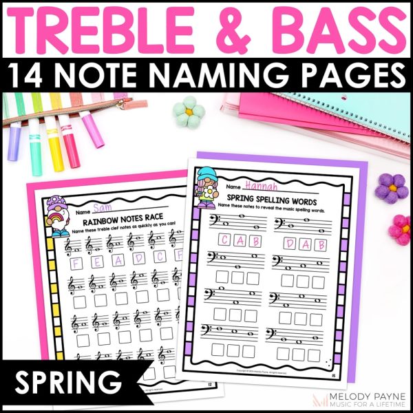 Spring Music Worksheets - Treble & Bass Clef Note Naming Theory Activities