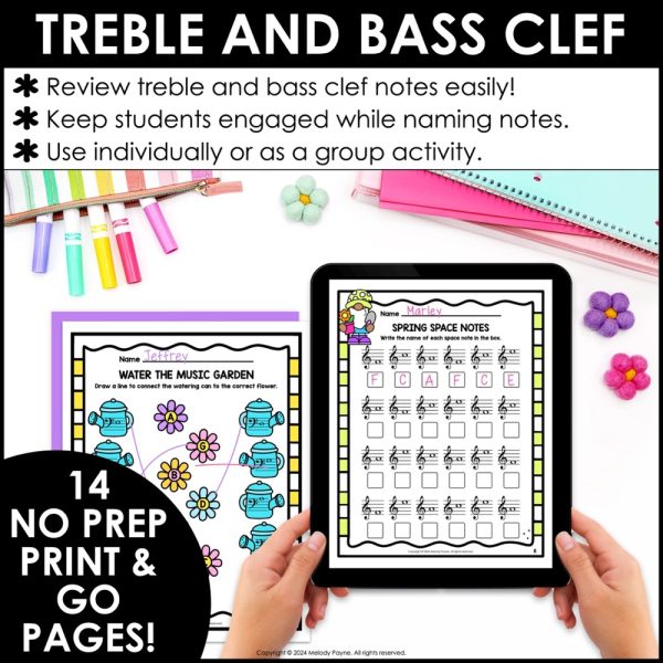 Spring Music Worksheets - Treble & Bass Clef Note Naming Theory Activities