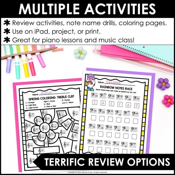 Spring Music Worksheets - Treble & Bass Clef Note Naming Theory Activities