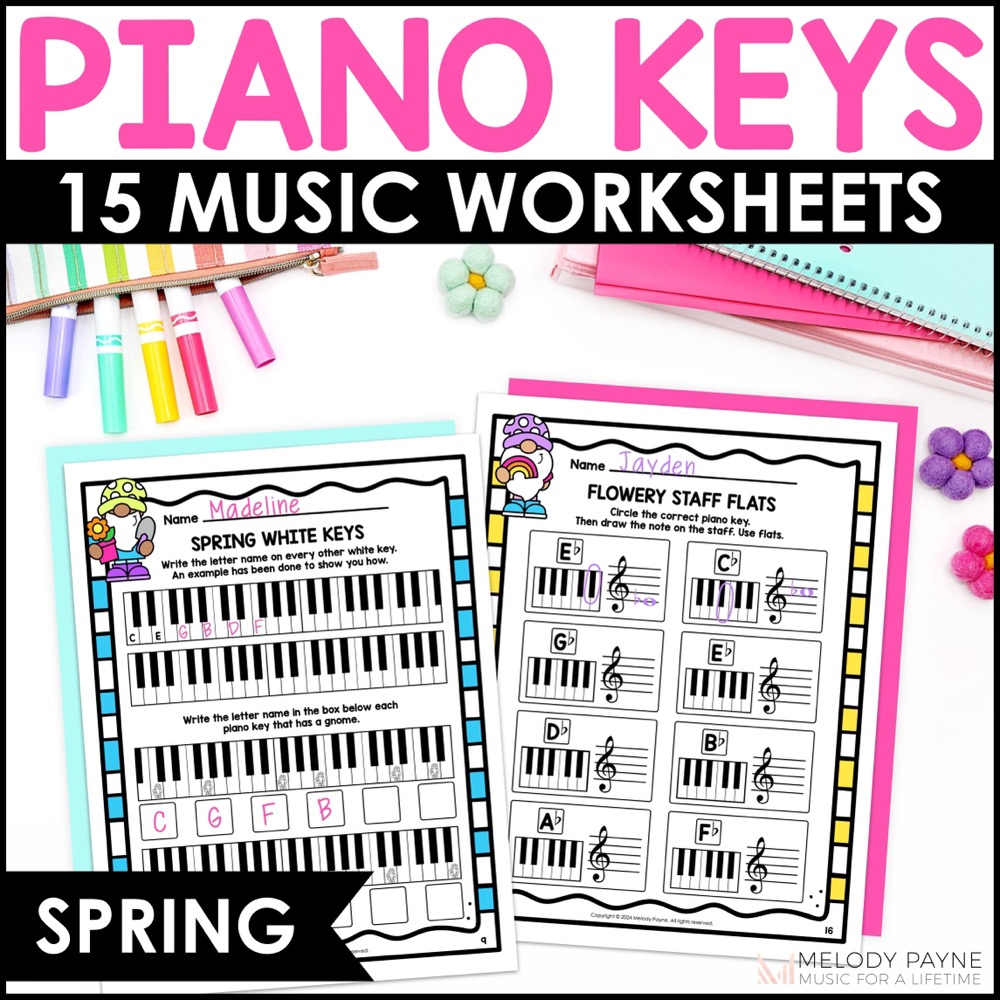 Spring Piano Keys Worksheets - White & Black Keys, Sharps & Flats, Music Staff for elementary music students and piano lessons