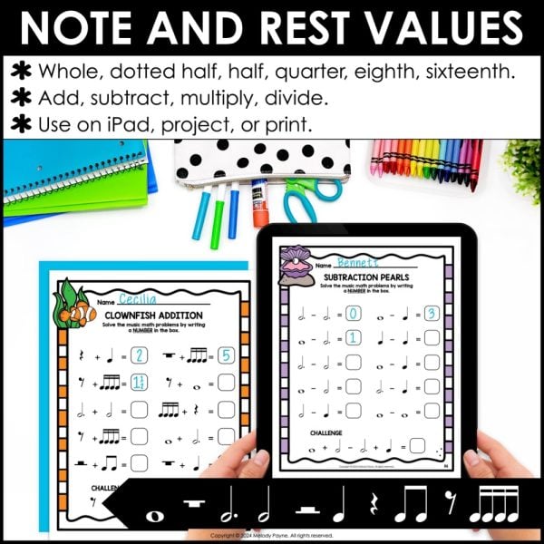 Ocean Music Math Rhythm Worksheets - Notes & Rests Music Theory Activities