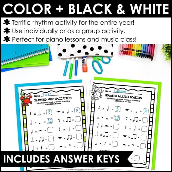 Ocean Music Math Rhythm Worksheets - Notes & Rests Music Theory Activities