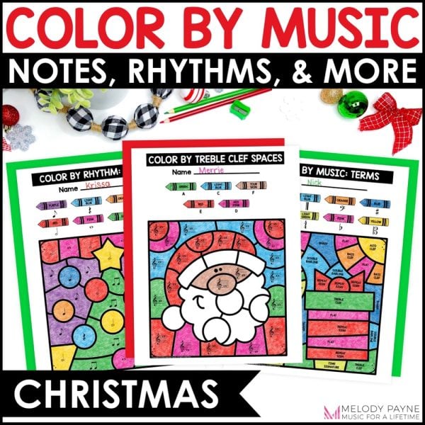 Christmas Color by Music Coloring Pages - Notes, Symbols, Rhythms, and More - Santa, Christmas Tree, and Christmas Gift