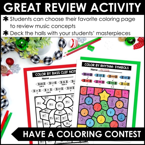 Christmas Color by Music Coloring Pages - Notes, Symbols, Rhythms, and More - Christmas Tree and Christmas Gift