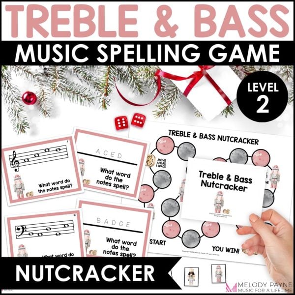 Nutcracker Note Reading Game - Treble & Bass Clef Music Spelling Bee Level 2: Nutcracker-themed game cards, game board, and game pieces.