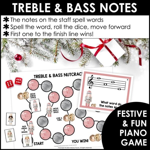 Nutcracker Note Reading Game - Treble & Bass Clef Music Spelling Bee Level 2: Easy treble and bass clef notes review with a fun Nutcracker-themed game.