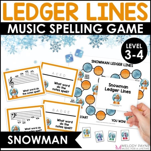 Snowman Ledger Lines Note Reading Game for Piano Lessons - Music Spelling Bee- Snowman-themed game cards, game board, and game pieces.