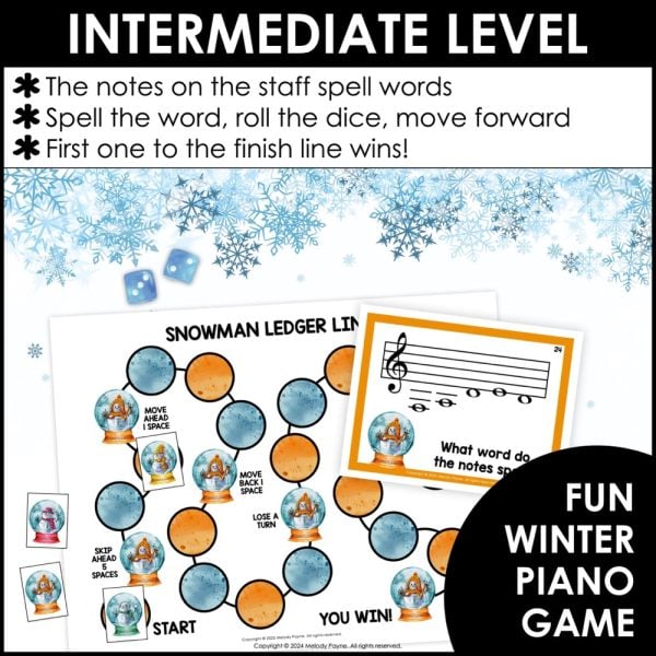 Snowman Ledger Lines Note Reading Game for Piano Lessons - Music Spelling Bee - Easy review of treble and bass clef ledger line notes with a fun snowman-themed game.
