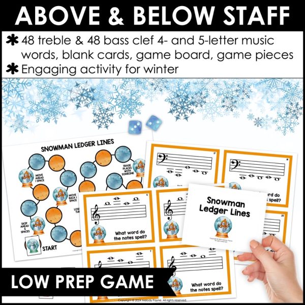 Snowman Ledger Lines Note Reading Game for Piano Lessons - Music Spelling Bee - This low-prep game includes treble clef and bass clef ledger line music words such as BEEF, ACED, BADGE, and more.