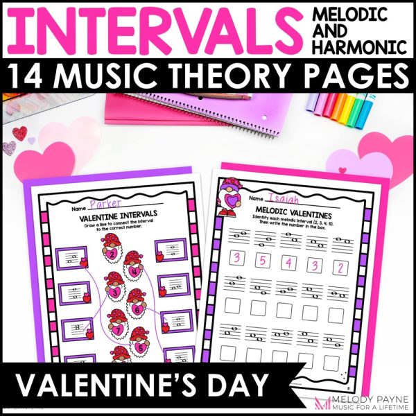 Valentine's Day Intervals Music Worksheets - Melodic & Harmonic 2nds to Octaves