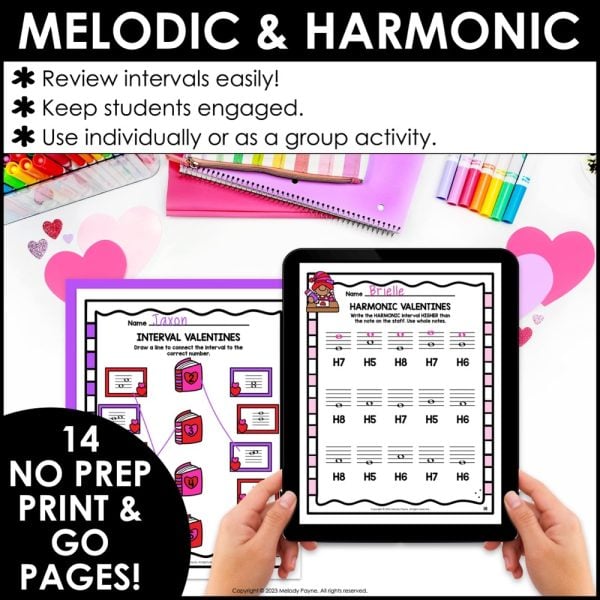 Valentine's Day Intervals Music Worksheets - Melodic & Harmonic 2nds to Octaves