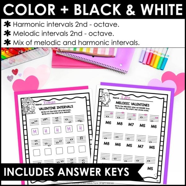 Valentine's Day Intervals Music Worksheets - Melodic & Harmonic 2nds to Octaves