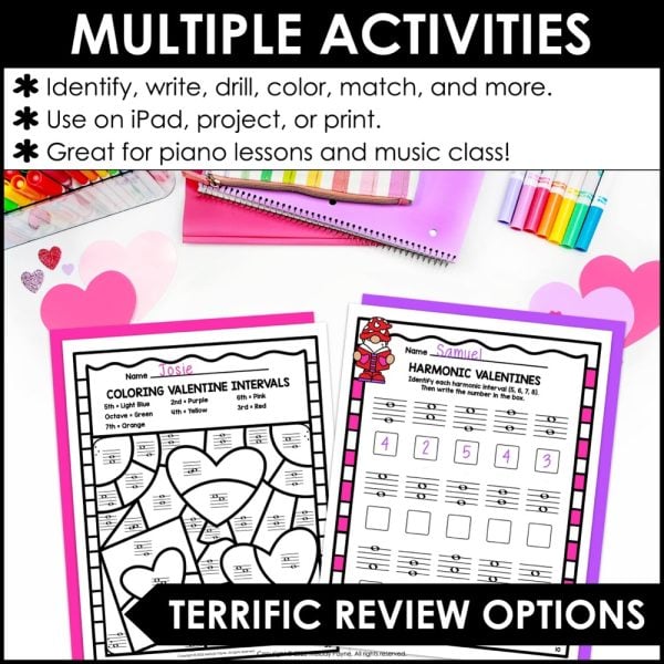 Valentine's Day Intervals Music Worksheets - Melodic & Harmonic 2nds to Octaves
