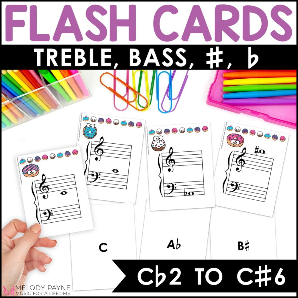 Donut Music Note Flash Cards - Treble & Bass Clef - Grand Staff - Sharps & Flats