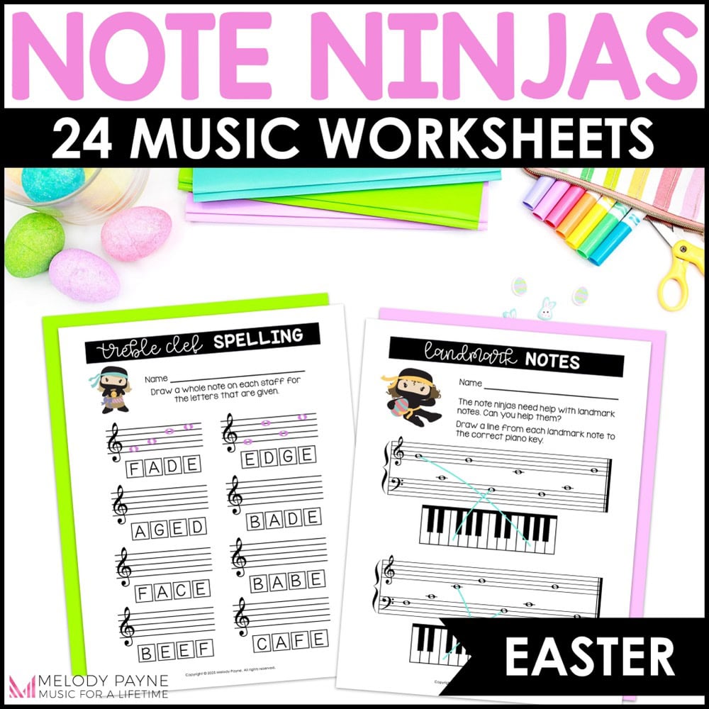 Easter Note Reading Worksheets - Note Ninjas Treble Clef, Bass Clef, Landmarks