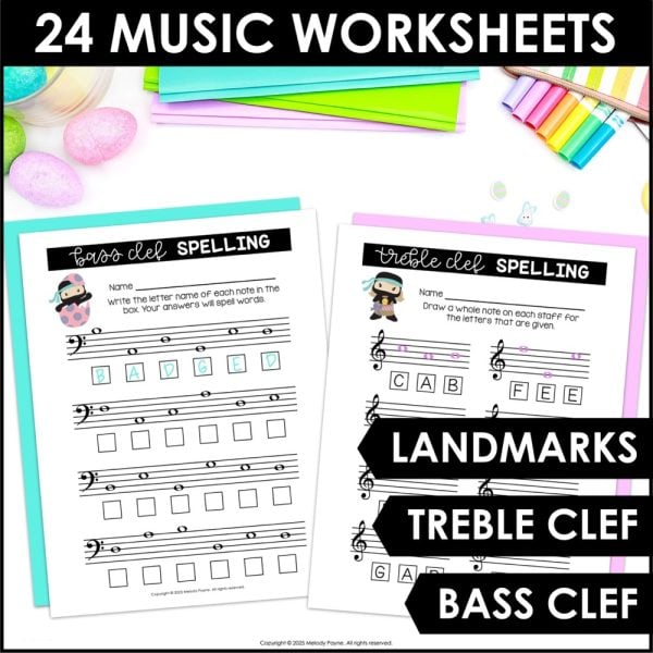 Easter Note Reading Worksheets - Note Ninjas Treble Clef, Bass Clef, Landmarks