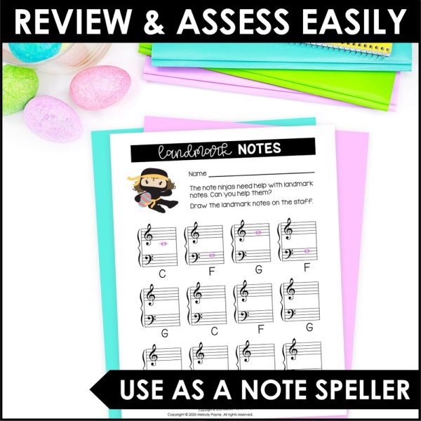 Easter Note Reading Worksheets - Note Ninjas Treble Clef, Bass Clef, Landmarks