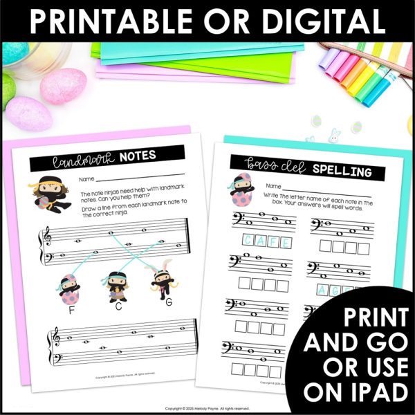 Easter Note Reading Worksheets - Note Ninjas Treble Clef, Bass Clef, Landmarks