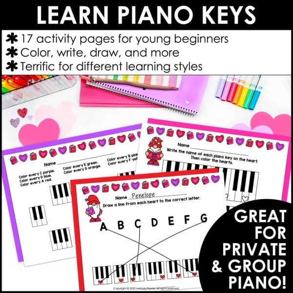 Valentine White Piano Keys Worksheets for Beginners - Easy Piano Keyboard Review