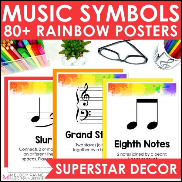 Music Symbols, Terms, Definitions Posters - Superstar Rainbow Music Class Decor