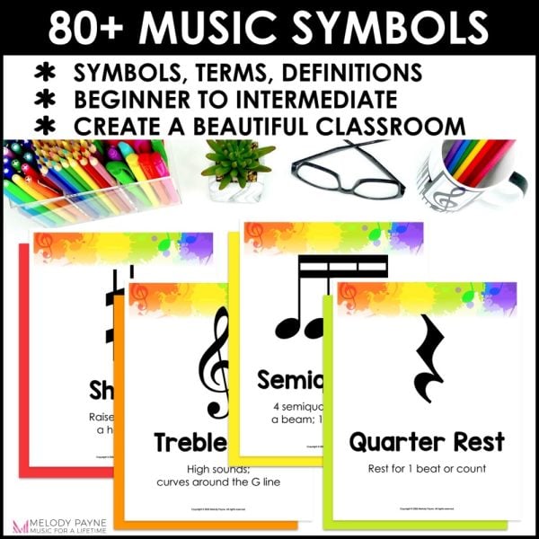 Music Symbols, Terms, Definitions Posters - Superstar Rainbow Music Class Decor