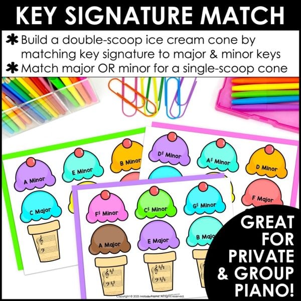 Major & Minor Key Signatures Matching Game for Summer Piano Lessons - Ice Cream