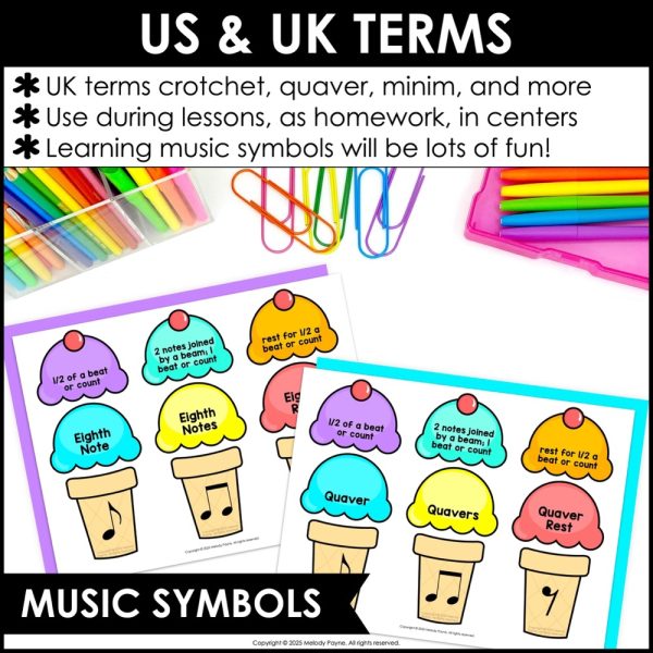 Music Symbols Matching Game - Notes, Rests, Dynamics, Clefs - Summer Ice Cream