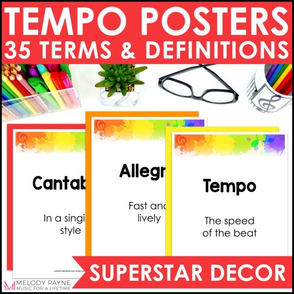 Tempo Terms and Definitions Posters - Superstar Rainbow Music Classroom Decor