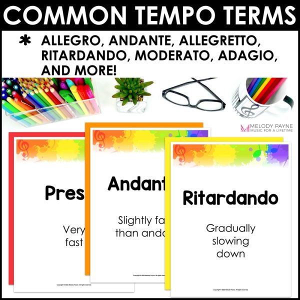 Tempo Terms and Definitions Posters - Superstar Rainbow Music Classroom Decor
