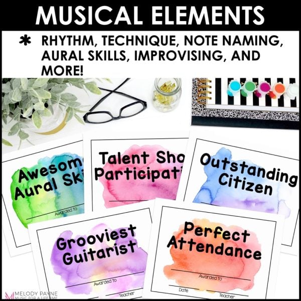 End of Year Music Award Certificates - Editable Rainbow Watercolor Awards