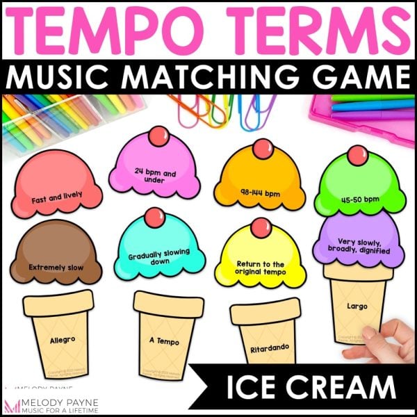 Tempo Terms and Definitions Matching Game for Summer - Ice Cream Music Match