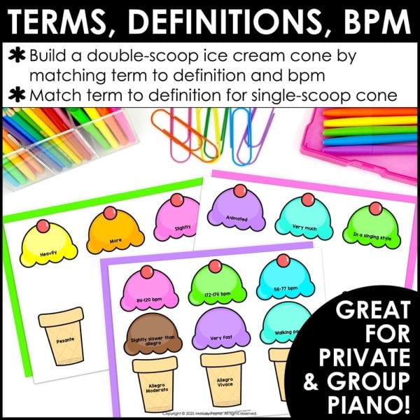 Tempo Terms and Definitions Matching Game for Summer - Ice Cream Music Match