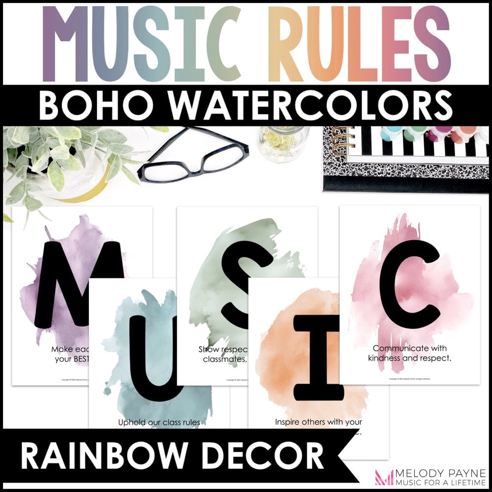 MUSIC Rules & Expectations Posters - Boho Watercolor Rainbow Music Class Decor