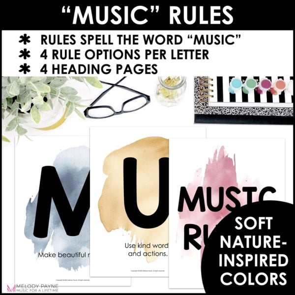 MUSIC Rules & Expectations Posters - Boho Watercolor Rainbow Music Class Decor: 4 options per letter, 4 heading pages